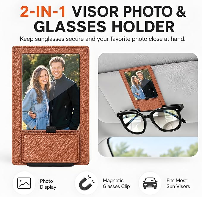 2-in-1 Car Visor Sunglasses & Photo Holder, Magnetic PU Leather Glasses Clip with Picture Display Slot, Universal Sun Visor Organizer for Eyeglasses, Personalized Cards & Memories, Brown Tan - Image 3
