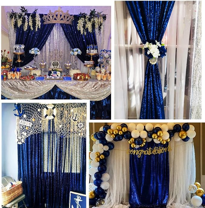 Poise3EHome 2ft x 8ft Blue Sequin Photography Backdrop Curtains 2 Panels for Party Decoration, Navy Blue - Image 4
