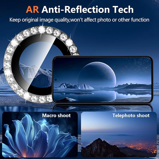 for Samsung Galaxy S25 Plus Camera Lens Protector, Individual Metal Ring Tempered Glass Lens Cover, [Strong Adsorption] Scratch Resistant Ultra-Thin HD Clear Lens Cover, 1 Set-Black Diamond - Image 3