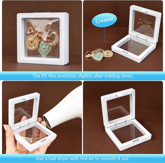 12 Pcs 3D Floating Frame Display Stand, Transparent Jewelry Gift Boxes | 2.75 x 2.75 x 0.8 Inch Small Jewelry Gift Boxes with PE Film, for Earrings Necklaces Rings Coins Specimens Crafts, White - Image 7