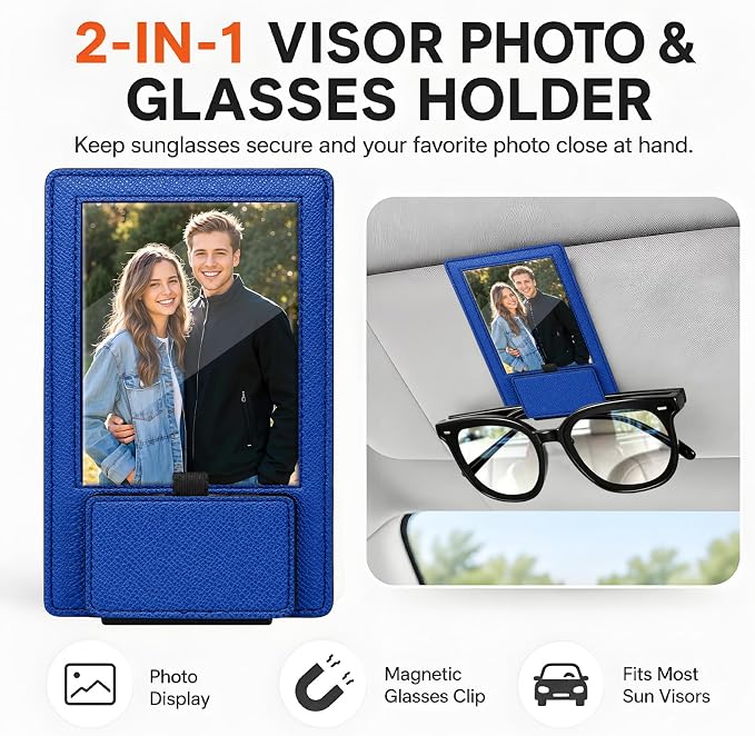 2-in-1 Car Visor Sunglasses & Photo Holder, Magnetic PU Leather Glasses Clip with Picture Display Slot, Universal Sun Visor Organizer for Eyeglasses, Personalized Cards & Memories, Royal Blue - Image 3