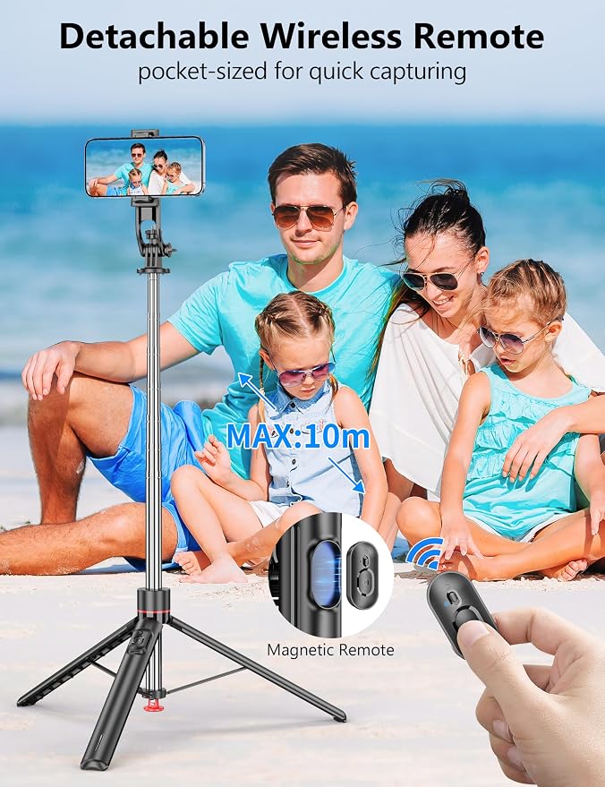 70" Extendable Selfie Stick Tripod, Automatic Phone Tripod with Magnetic Remote & 1/4" Screw, Lightweight Travel Tripod Stand for iPhone/Android & Camera, Vlog Video Recording - Image 6