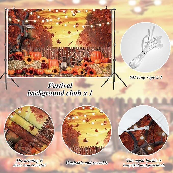 Fall Banner 7x5ft Polyester Harvest Hay Farm Pumpkin Patch Backdrop Sunflower Maple Photo Backdrops Thanksgiving Banner Decorations for Party - Image 4
