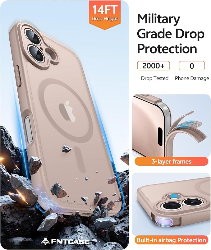 FNTCASE for iPhone 16 Case, Fit for Magsafe, Screen Protector, Desert Gold | Full Camera Protection, Translucent Matte, 14FT Military Grade Drop Proof, Shockproof Protective Phone Cover - Image 5