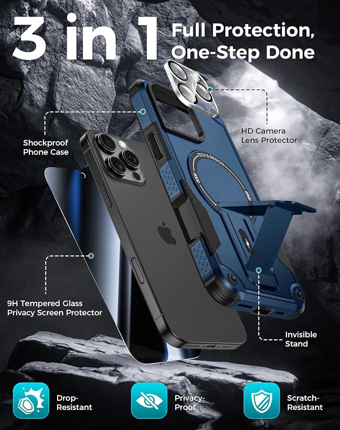 Goton 3 in 1 for iPhone 16 Pro Max Case with Privacy Screen Protector Blue | Glass Camera Lens Protector,Compatible for MagSafe,Invisible Kickstand, Shockproof Phone Cover for iPhone 16 Promax - Image 3