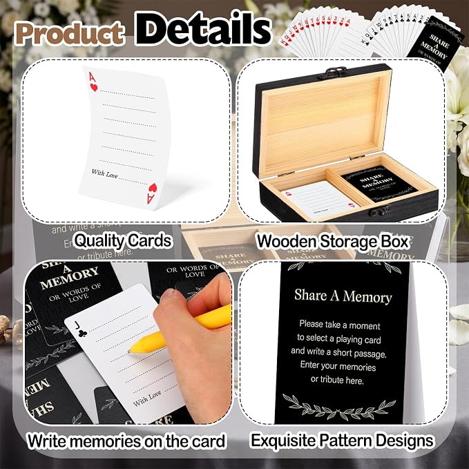 AceOrbit 57 Pcs Celebration of Life Memory Cards and Box Set | Share a Memory with Display Sign and Wooden Card Holder Box Memorial Table Card for Funeral Service Guest Book Alternative - Image 4