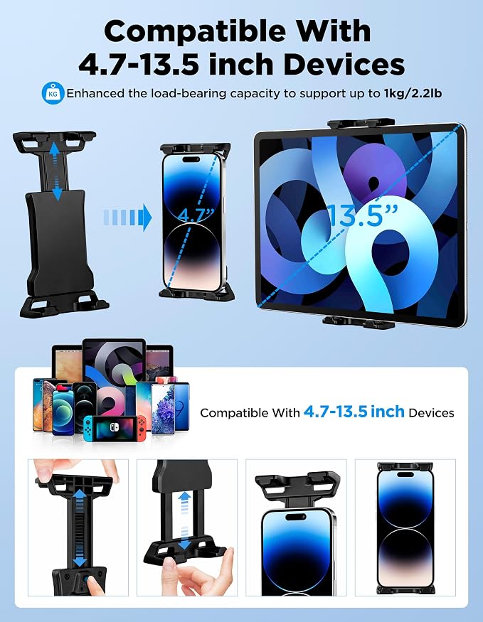 Tablet Holder for Microphone Stand with Power Bank Clip, iPad Music Stand | 360° Adjustable Spring-Loaded Clip Clip-on Phone Mount for Sheet Music Stand, Fits Devices Screen Size from 4.7 to 13.5” - Image 4