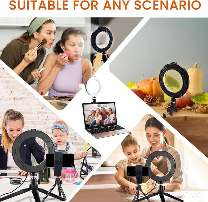 2 in 1 LED 6" Ring Light with Tripod Stand & Clamp for YouTube Video and Makeup, Mini LED Camera Light with Cell Phone Holder Desktop Lamp with 3 Light Modes & 11 Brightness Level - Image 4