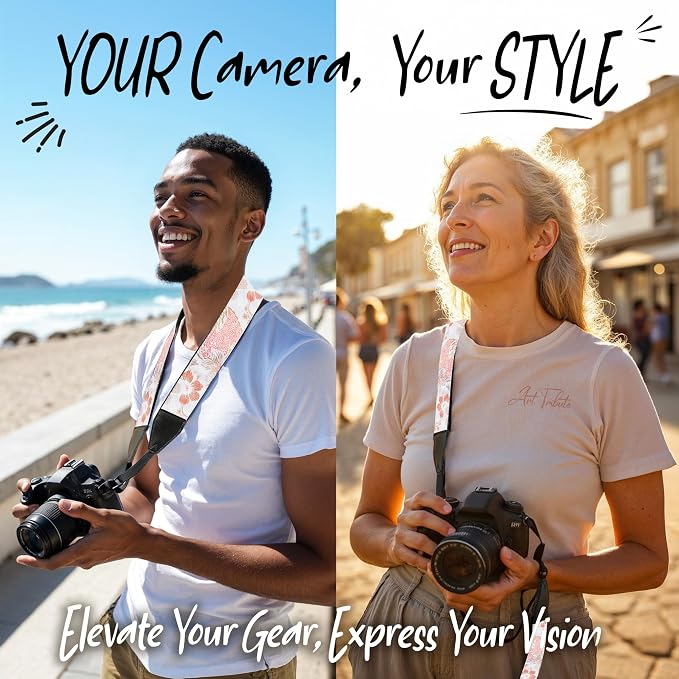 Art Tribute Camera Strap - Shoulder, Crossbody & Neck Camera Strap for Photographers, Fits All Cameras, Canon Nikon Sony Fujifilm, Padded Strap W/Quick Release, Embroidered Cotton & Leather Ends - Image 2