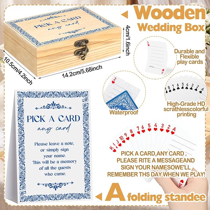 AceOrbit 57 Pack Blue Wedding Guest Book Playing Cards Set with Wooden Box | Navy Blue Wedding Signing Guestbook Alternative Personalized Blank Deck of Cards for Guest Reception Vegas Bridal Shower Game - Image 3