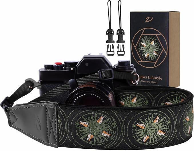 Padwa Lifestyle Green Sun God Camera Strap - 2" Full Grain Leather Ends Camera Straps for Photographers, Vintage Embroidered Cotton Soft Suede Fabric Padded Strap Quick Release fits All Cameras by PadwaLifestyleCameraStrap