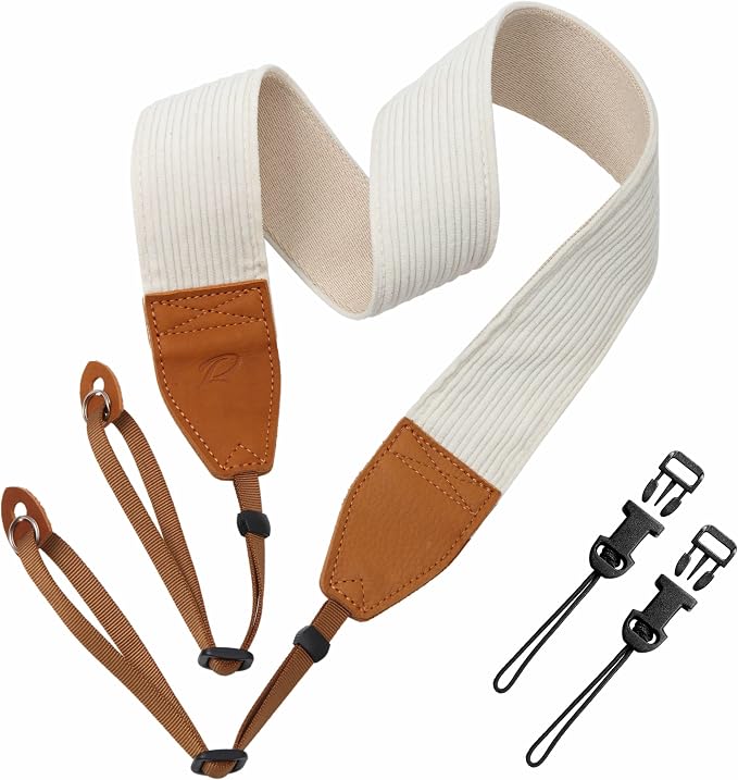 Padwa Lifestyle Corduroy Camera Strap - 2" Double Layer Full Grain Cowhide Leather Head Camera Straps for Photographers, Unique Soft Corduroy Fabric with Quick Release fits all Cameras(White) by PadwaLifestyleCameraStrap