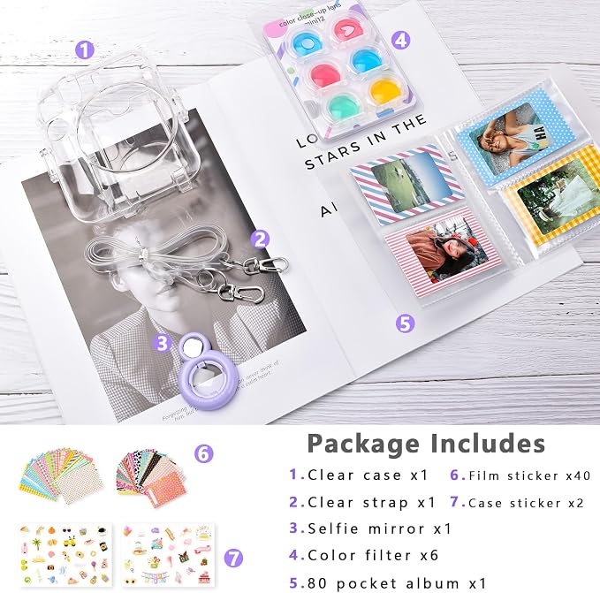 Rieibi Accessories for Fujifilm mini 12, Gift Bundle Includes Clear Mini 12 Case with Strap, Photo Album, Selfie Mirror, DIY Stickers, Color Filter (No Camera) - Purple - Image 7