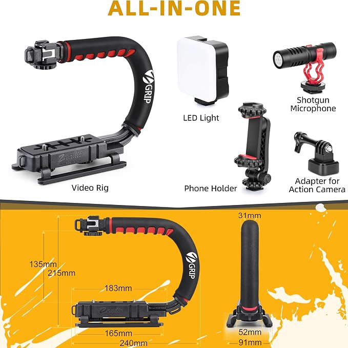 Zeadio Video Handheld Stabilizer, All-in-One Camera Handle Grip Rig Kit with Dimmable LED Video Light, Microphone, Phone Holder, Action Camera Adapter for Filmmaking Vlogging YouTube TikTok etc - Image 2