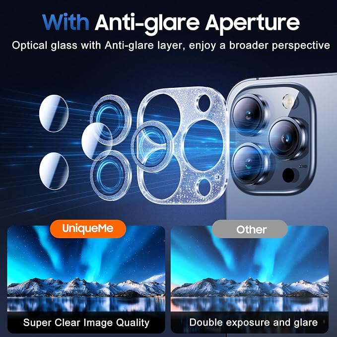UniqueMe for iPhone 13 Pro Max/13 Pro Camera Lens Protector-Glitter Blue | 3 Pack-Acrylic, Not Glass, Case Friendly, Scratch-Resistant, Night Shooting Mode - Image 4