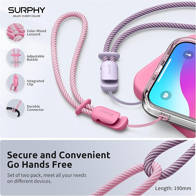 SURPHY 2 Pack Phone Lanyard, Phone Wrist Strap for Case, Camera Wrist Strap | Ultra-Light 2-Color Braided Phone Strap, Cellphone Charm Strap, Anti-Lost Wrist Lanyard for Women and Men, Rose Pink Lilac - Image 3