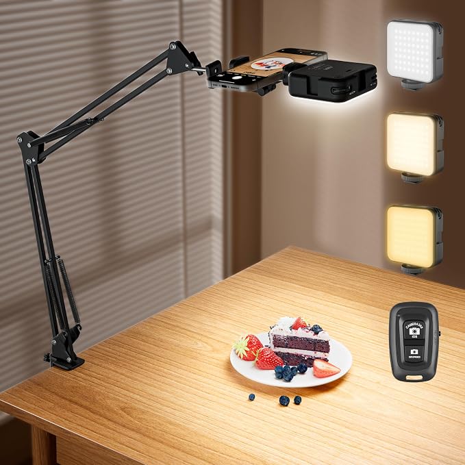 Overhead Phone Mount with LED Selfie Light and Bluetooth Remote, Rechargeable Ring Light Tripod Stand with Flexible Boom Arm, Desk Phone Holder for Video Recording, Live Streaming, TikTok, Vlogging by AIXPI
