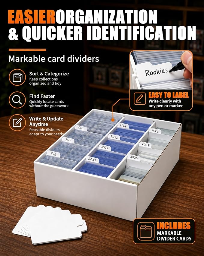 QINGUANG 6 Pack Trading Card Toploader Storage Box Cardboard 3 Rows | for MTG/TCG/PTCG Sports Card Colletion | with Dividers | Holds 3000+ Raw Cards | 600+Toploader | 200+ Magnetic Holders - Image 4