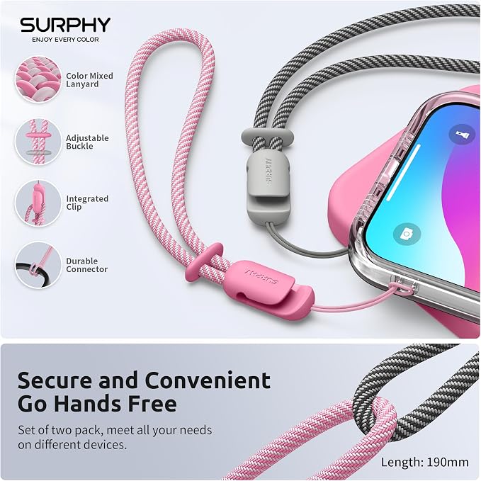 SURPHY 2 Pack Phone Lanyard, Phone Wrist Strap for Case, Camera Wrist Strap | Ultra-Light 2-Color Braided Phone Strap, Cellphone Charm Strap, Anti-Lost Wrist Lanyard for Women and Men, Rose Pink Gray - Image 4