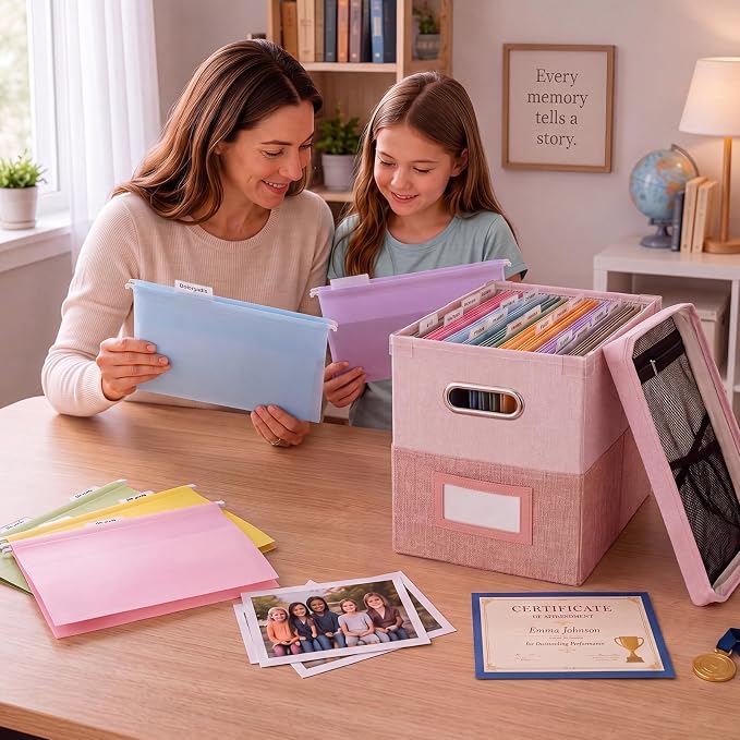 1 Set School Memory Box Organizer, School Keepsake Organizer K-12,Pink | with 15 Hanging File Folders, 4 Labels, 3 Sticker, Mesh-Pocket Lid, for Letter/A4, Report Cards, Photos, Awards, File Keeper - Image 7