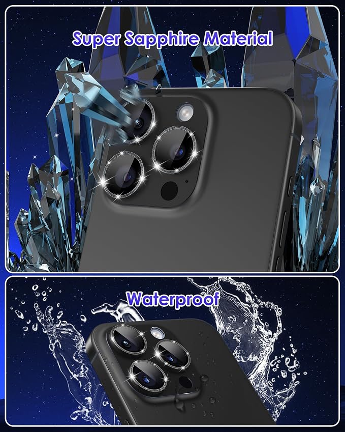Compatible for iPhone 16 Pro Max/iPhone 16 Pro/iPhone 14 Pro/iPhone 14 Pro Max Camera Lens Protector Glitter, Clear 9H Tempered Glass Glitter Black+Black - Image 4