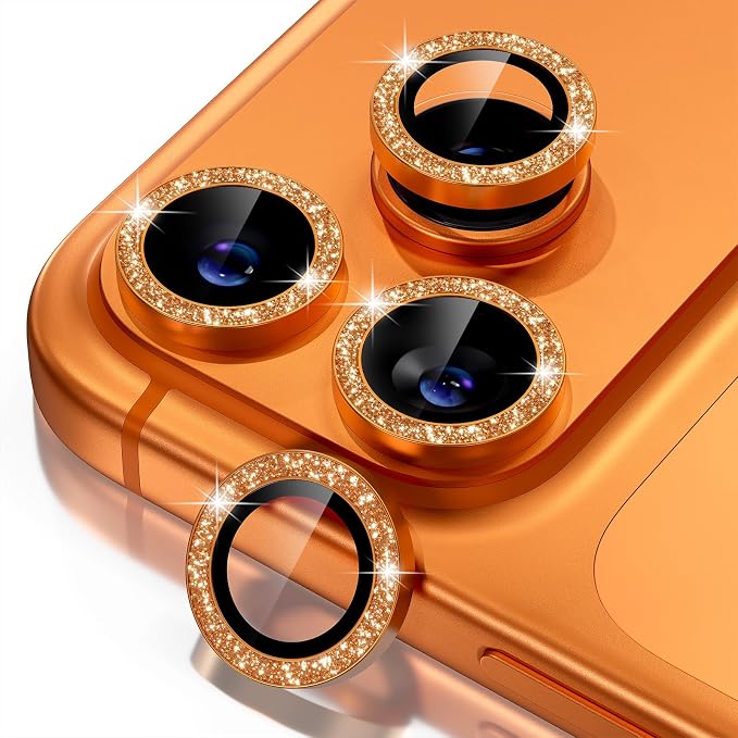 Misea Compatible for iPhone 17 Pro/iPhone 17 Pro Max Camera Lens Protector | 9H Tempered Glass Ultra HD Bling Camera Screen Protector Cover Metal Individual Ring Decoration Accessories, Orange Glitter by Misea