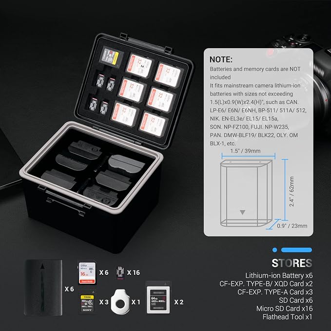 LP-E6 EN-EL15C NP-W235 FZ100 Camera Battery and Memory Card Case with Labels,DSLR SLR Battery Organizer Storage for 16 Micro SD 6 SD 3 CF Express Type A and 2 XQD/CF Cards,Water-Resistant & Shockproof - Image 2