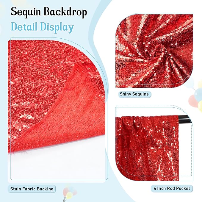 SquarePie 6x8ft Red Sequin Backdrop, High Density Non-Transparent Glitter Curtain for Photography, Birthday, Wedding Party Decorations, Thick Solid Background with 4" Rod Pocket, 1 Panel - Image 2