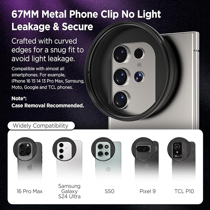 Universal Lens Filter Clip, 67mm Threaded Filter Adapter Mount for Phone Photography, Compatible with 67mm Threaded Filters & LED Lights, Built-in Cold Shoe Mount - Image 3