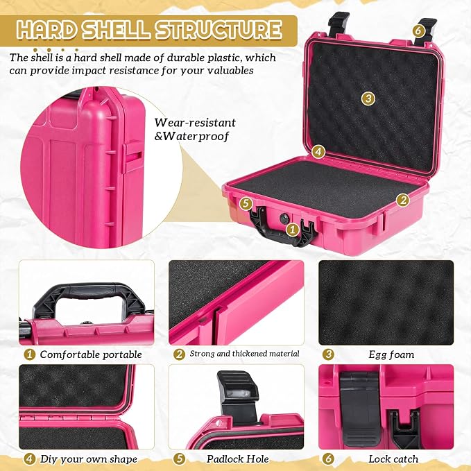 Relaxweex 1 Pcs 16.3 x 6.5 x 3.7 Inch Waterproof Hard Case with DIY Customizable Foam Insert Portable Protective Case with Knife for Camera Drones Equipments Tools Test Instruments(Rose Red) - Image 3
