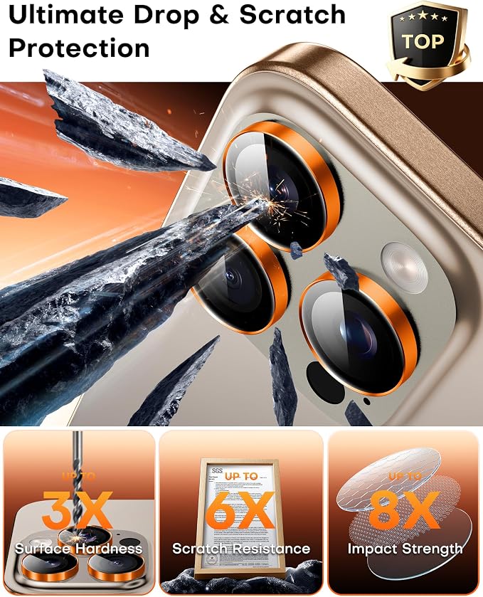 TOCOL for iPhone 16 Pro Max Camera Lens Protector/iPhone 16 Pro Camera Lens Protector Tempered Glass HD Individual Scratch Resistant Cover Accessories Case Friendly 2 Pack（Orange） - Image 4