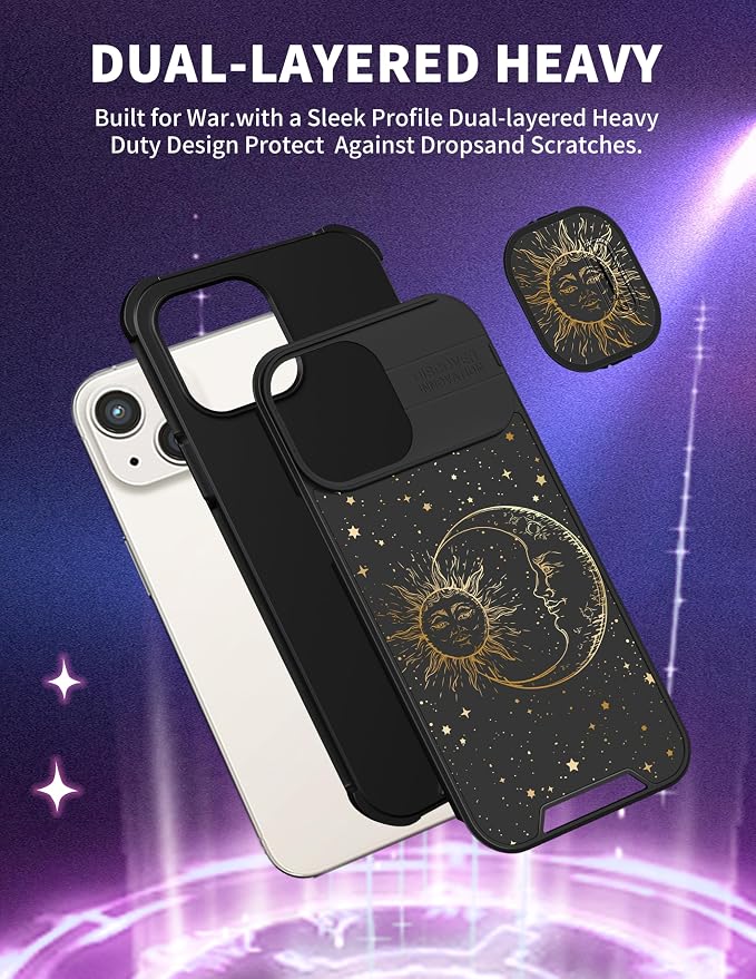(2in1 for iPhone 15 Case Sun and Moon Women Cute Phone Cover Girly Stars Pretty Cool Space Unique Aesthetic Design with Slide Camera Cover Protective Stand Holder for iPhone 15 Cases 6.1'' - Image 5