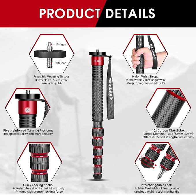 Camera Monopod, C-666L 32mm Tube Carbon Fiber Monopod with Walking Stick Handle, Portable Compact Lightweight for DSLR Cameras Canon Sony Nikon Travel - Image 4
