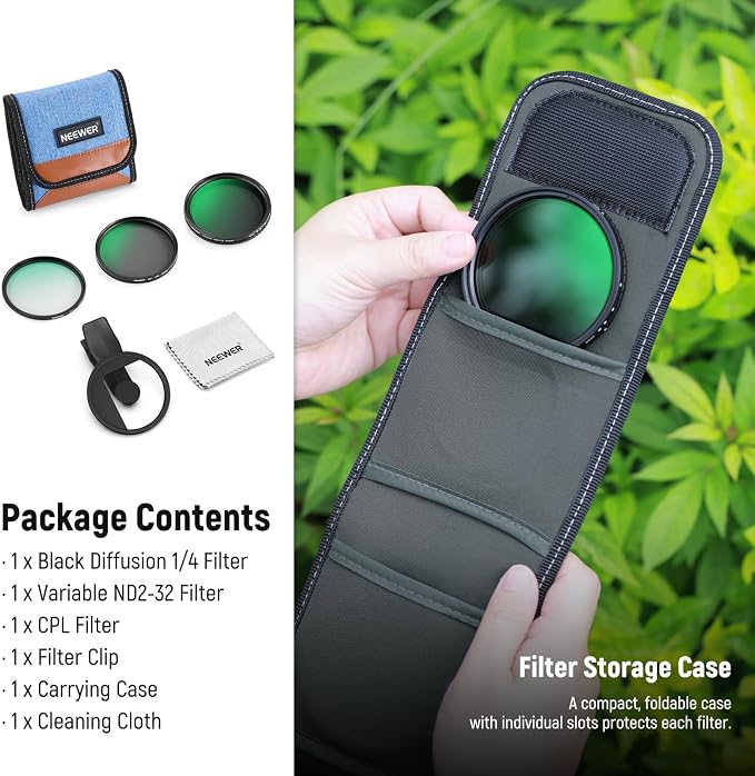 NEEWER 67mm Variable ND Filter Set Compatible with iPhone, 3 Pack Clip On CPL + ND2-32 + Black Diffusion 1/4 Filter for Mist Cinematic Effect Photography Accessories Kit, FL-B37 - Image 9