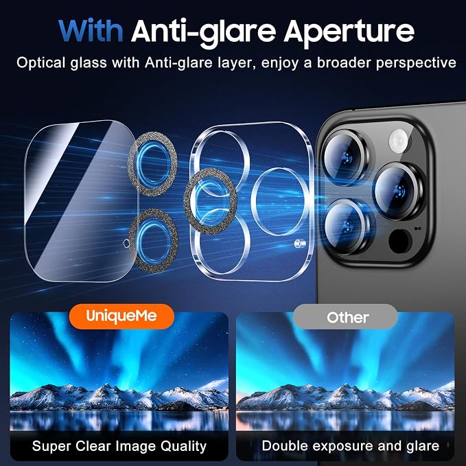 UniqueMe for iPhone 15 Pro/15 Pro Max Camera Lens Protector-Glitter Black | 3 Pack, Drop Protection, Case Friendly, 9H Tempered Glass, Camera Cover Screen, Update New Version - Image 4