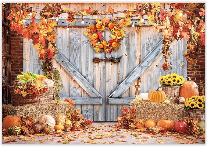 Fall Photo Backdrops for Photography, Thanksgiving Decorations 8x6ft | Vinyl Autumn Background for Photoshoot, Orange Pumpkin Maple Leaves, for Outdoor Party, Friendsgiving Decor by TERSUM