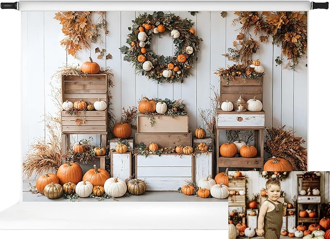 Kate Fall Backdrops White Background Autumn Party Decorations Pumpkins Thanksgiving Festival Photo Backdrop, 10x6.5ft by KateBackdropforPhotography