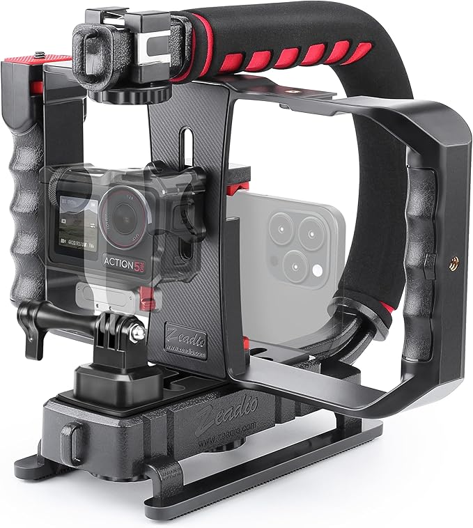 Zeadio Camera Smartphone Handheld Stabilizer, Triple Cold-Shoe Handle Grip Compatible with All Camera Action Camera DSLR Smartphone by Zeadio