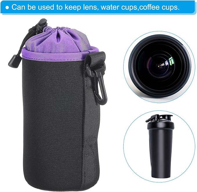 PATIKIL Camera Lens Bag, 2 Pcs 3.7" ID x 7.1" H Cylindrical Drawstring Lens Pouch with Thick Protective Neoprene, Lens Case for DSLR Camera Lens, Water Coffee Cups Black, Purple - Image 6