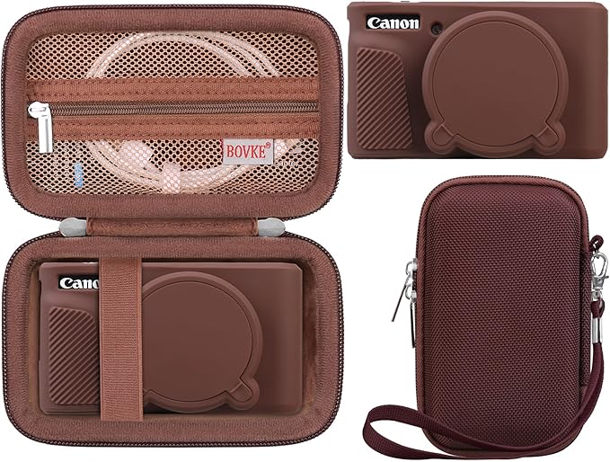 BOVKE Hard Case + Silicone Cover for Canon PowerShot SX740 HS Camera, Brown | SX740 SX730 Digital Camera Shockproof EVA Storage Bag & Soft Silicone Protective Case with Removable Lens Cover, Wrist Strap by BOVKE