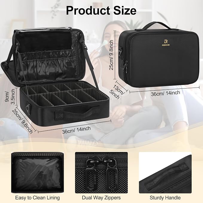 Relavel Travel Makeup Train Case Cosmetic Case Organizer Portable Artist Storage Bag with Adjustable Dividers for Cosmetics Makeup Brushes Toiletry Jewelry Digital Accessories - Image 7