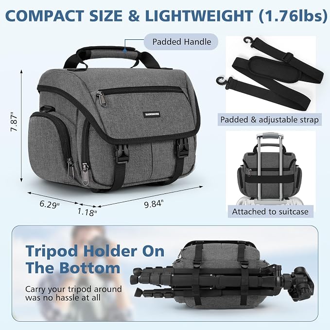 RAINSMORE Camera Bag, DSLR/SLR/Mirrorless Camera Sling Bag for Photographers Waterproof Small Camera Case with Tripod Holder & Rain Cover Camera Crossbody Bag for Canon/Nikon/Sony/Fuji, Grey - Image 5