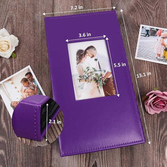 RECUTMS 6x4 Premium Leather Photo Album with 300 Pockets, Purple | Black Inner Page, Horizontal Pockets, Small Album for Family, Birthday Christmas Anniversary Picture Book, DIY Cover Window - Image 2