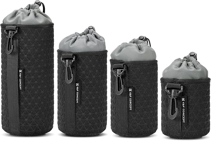 K&F CONCEPT Camera Lens Case, Drawstring Lense Pouch for DSLR SLR, 4 Pack | Abrasion-Resistant Polyester, Plush Interior & Hook, 4 Sizes (S/M/L/XL) Bag Set for Canon,Nikon,Sony,Fuji DSLR/SLR Lenses. by KFCONCEPT