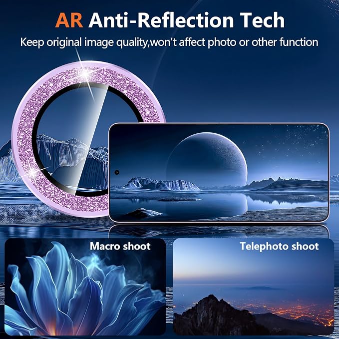 for Samsung Galaxy Z Flip 8 Camera Lens Protector, Individual Metal Ring Tempered Glass Lens Cover, [Strong Adsorption] Scratch Resistant Ultra-Thin HD Clear Lens Cover, 1 Set-Purple Sparkly - Image 3
