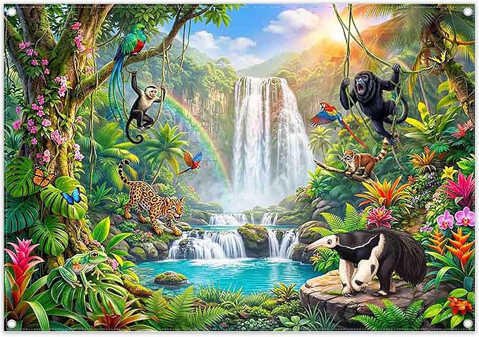 Fabric 7x5ft Rainforest Wild Animals Backdrop Jungle Safari Banner | Summer Tropical Scenery Waterfall Photography Background, School Event Party Decorations, Classroom Photo Props, Polyester by ZTHMOEBACKDROP