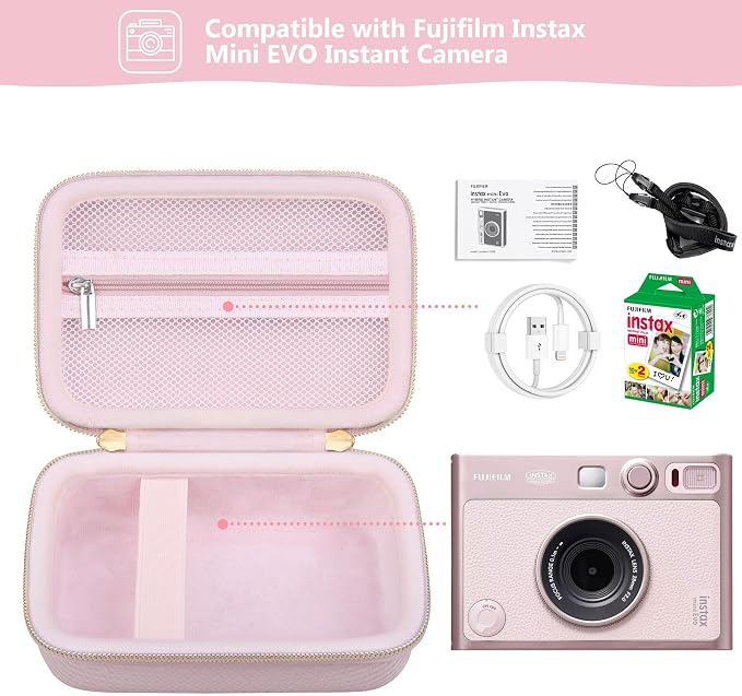 Carrying Case Compatible with Instax Mini EVO Instant Camera, INSTAX MINI EVO Camera Storage Holder Travel Bag with Mesh Pocket for Photos, USB Cables, Film, Pink - Image 2