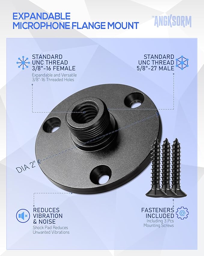 KB48 Podium Microphone Flange Mount with Pad, 5/8-27 Male, 3/8-16 Female | Gooseneck Boom Arms Mic Stand Base for Lecterns, Desks, Table, 2 in Metal Plate with 3 Screws Included - Image 2