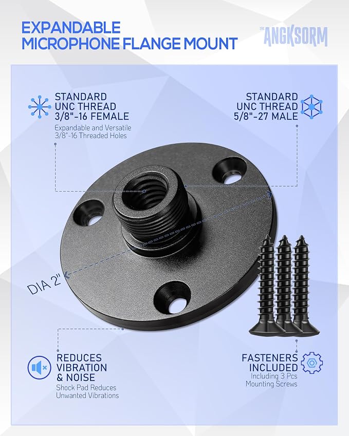 KB48 Podium Microphone Flange Mount with Pad, 5/8-27 Male, 3/8-16 Female | Gooseneck Boom Arms Mic Stand Base for Lecterns, Desks, Table, 2 in Metal Plate with 3 Screws Included - Image 2