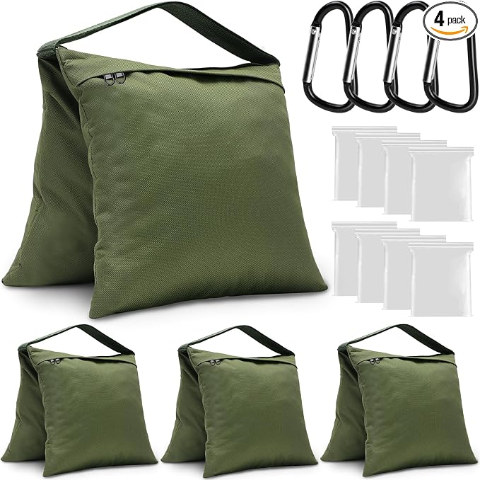 4 Packs Green Sandbag Weight Bags for Light Photography Video Equipment | Heavy Duty Saddlebags for Backdrop Stand, Photo Tripod, Canopy, Pop up Tent, Umbrella Base, Fishing Chair, Picnic Table by Aimosen